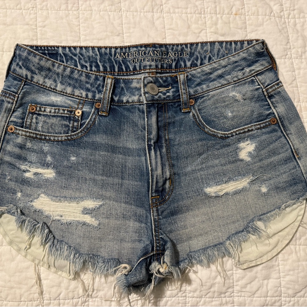 American Eagle Outfitters Blue Jean Shorts with High Waist and Distressing